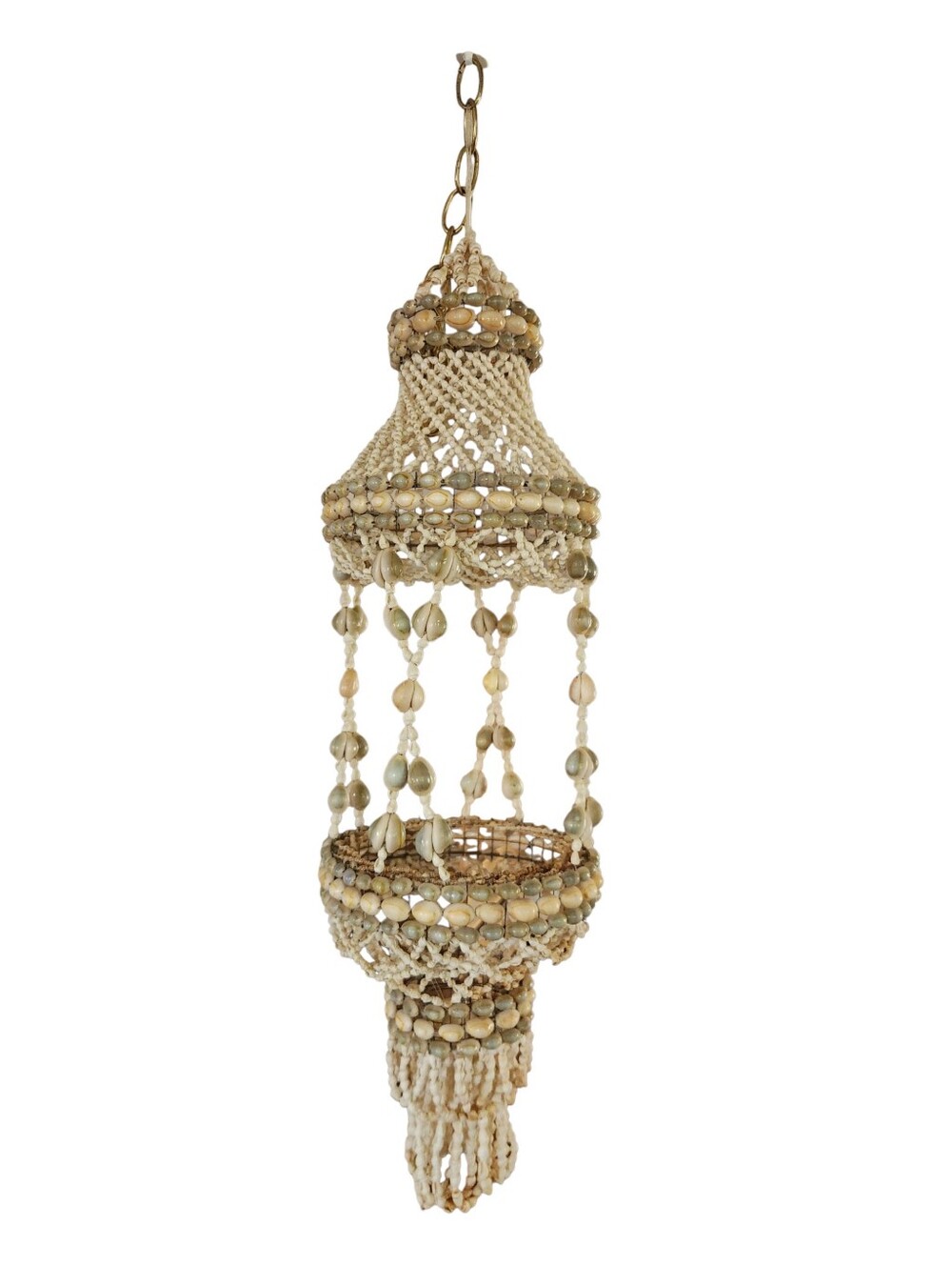 Vintage Cowrie Seashell Shell Hanging Macrame Plant Holder 1970s Boho Style 29"